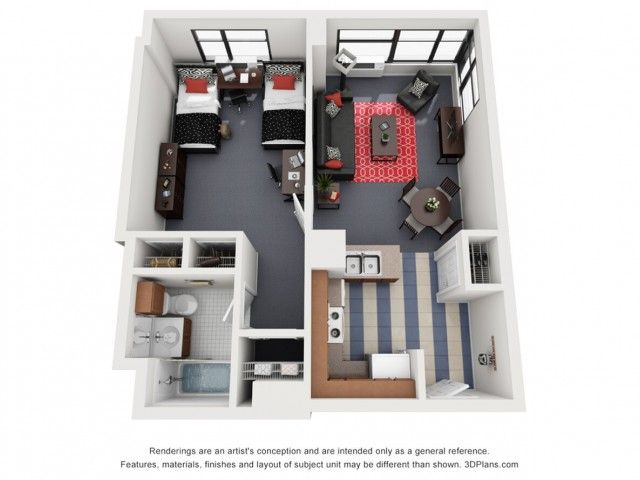 Modern 2D apartment floor plan featuring two cozy bedrooms, a stylish living area with large windows, and a well-equipped kitchen.