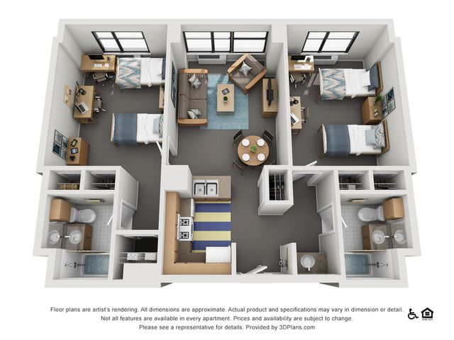 Modern 3D floor plan showcasing 3 bedrooms, a cozy living room, stylish kitchen, and two bathrooms, perfect for comfortable urban living.