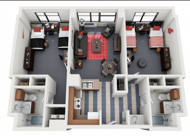 Charming 3D floor plan showcasing 3 cozy bedrooms, a modern open living area, and a practical kitchen.