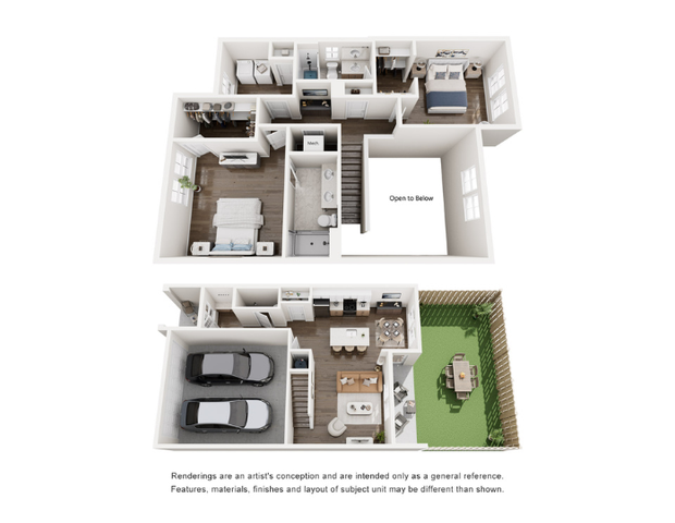 Modern two-story floor plan showcasing three bedrooms, spacious open-concept living area, contemporary kitchen, and cozy backyard with patio space.