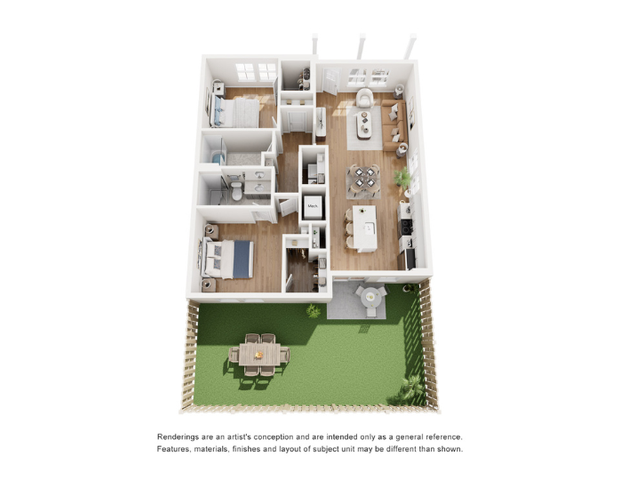 Bright 3D floor plan showcasing two cozy bedrooms, open living-dining area, modern kitchen, and lush private garden space.