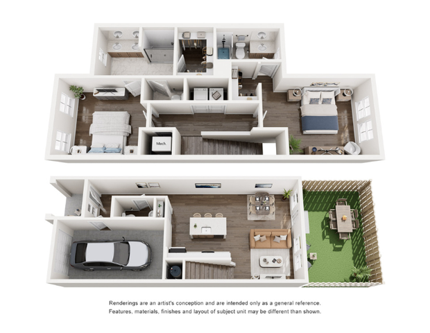 Charming 3D floor plan showcasing a modern two-story townhouse with 2 bedrooms, 2 bathrooms, an open living area, garage, and private garden.