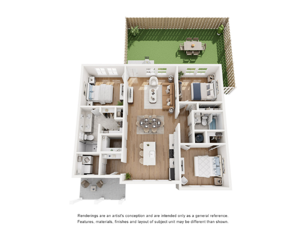 Modern 3D floor plan highlighting 3 bedrooms, an elegant open-plan kitchen, and a cozy living room with access to a charming outdoor patio.