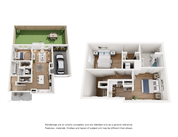 Charming 3D floor plan showcasing a modern two-story home with 3 cozy bedrooms, an open-concept living and dining area, a sleek kitchen, and a private backyard space with patio seating.