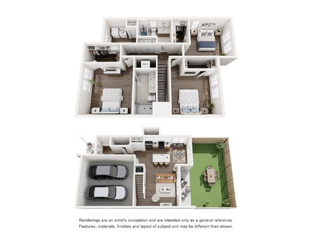 Modern 3D floor plan showcasing a two-story residence with three bedrooms, two bathrooms, a spacious open kitchen and dining area, double garage, and a charming fenced backyard.