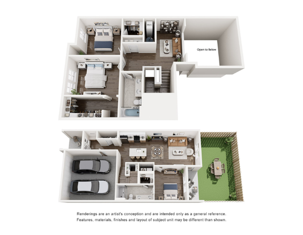 Modern townhouse floor plan with 3 bedrooms, open-concept kitchen, cozy living area, landscaped backyard, and a two-car garage.