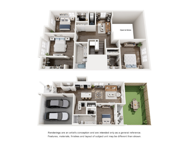Elegant 3D floor plan with three spacious bedrooms, dual-level living area, modern kitchen, and lush backyard garden, complete with a two-car garage.