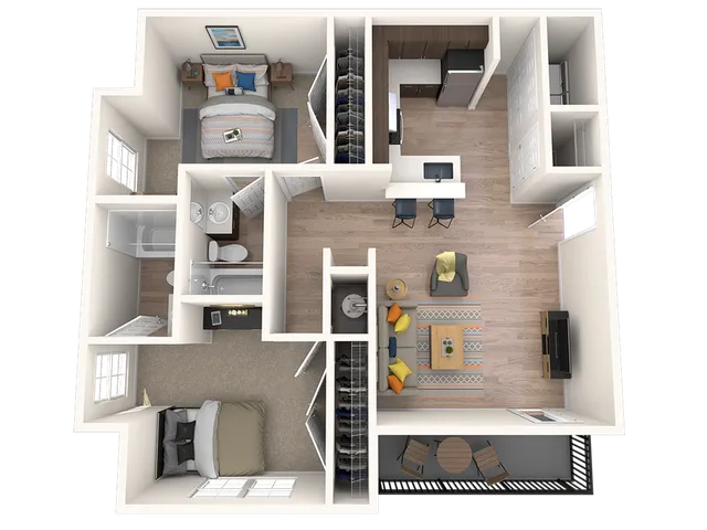 Modern 2D floor plan with two spacious bedrooms, an open kitchen with a breakfast bar, stylish living room, and private balcony.