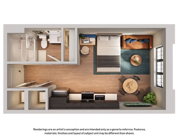 Modern studio apartment floor plan showcasing a cozy bedroom, stylish living area, compact kitchen, and elegant bathroom with ample natural light.
