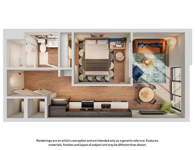 Modern 1-bedroom apartment floor plan with sleek open-concept living area, stylish kitchen, and cozy bedroom space, enriched by natural light.