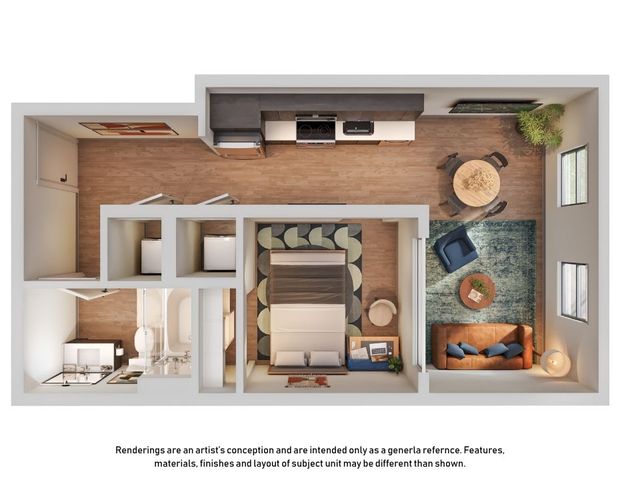 Contemporary studio apartment floor plan featuring an open-concept living and dining area, sleek kitchen, and modern bathroom.