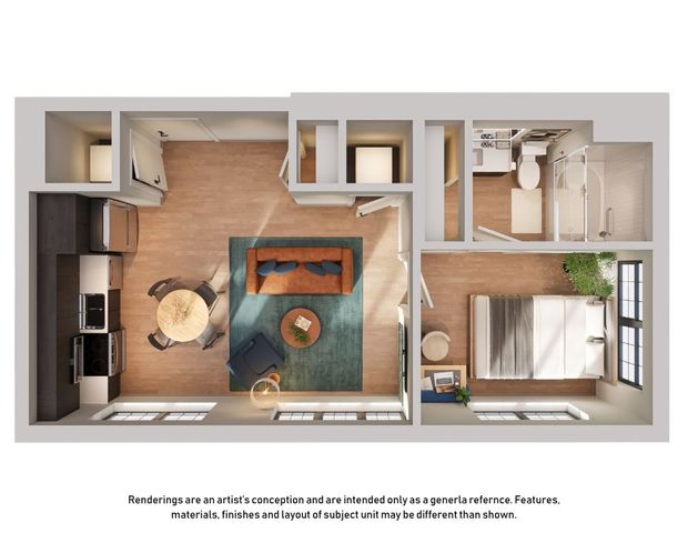 Inviting open-concept studio layout featuring a cozy living area, modern kitchen, and sleek bathroom.
