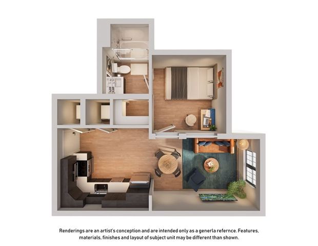 Elegant floor plan showcasing an efficient 1-bedroom apartment with a cozy living room, modern kitchen, and stylish bathroom. Perfect for compact living.