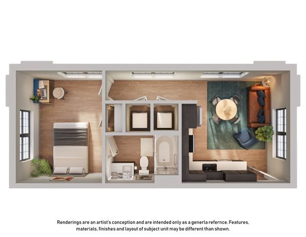Chic floor plan showcasing a spacious single-bedroom layout, stylish open living area, modern kitchen, and luxurious bathroom.