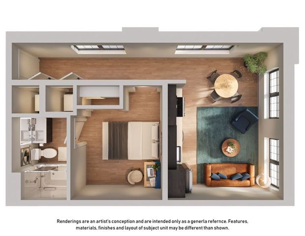 Elegant and modern 3D floor plan showcasing a cozy studio apartment with stylish living area, compact kitchen, and a sleek bathroom. Perfect blend of functionality and comfort with ample natural light.