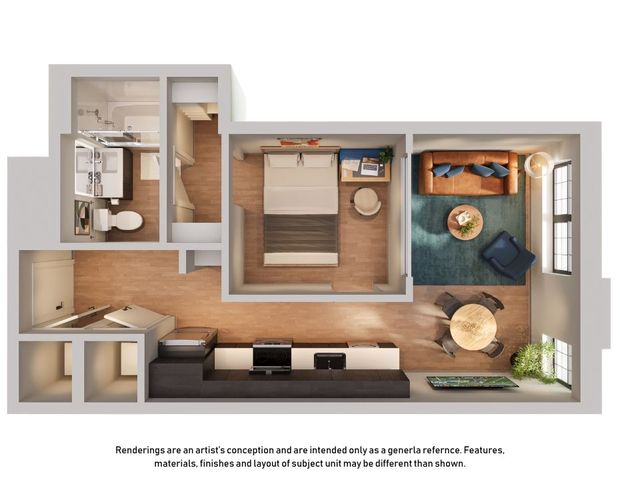 Modern 3D floor plan showcasing a cozy one-bedroom apartment with a stylish living area, efficient kitchen, and elegant bathroom.