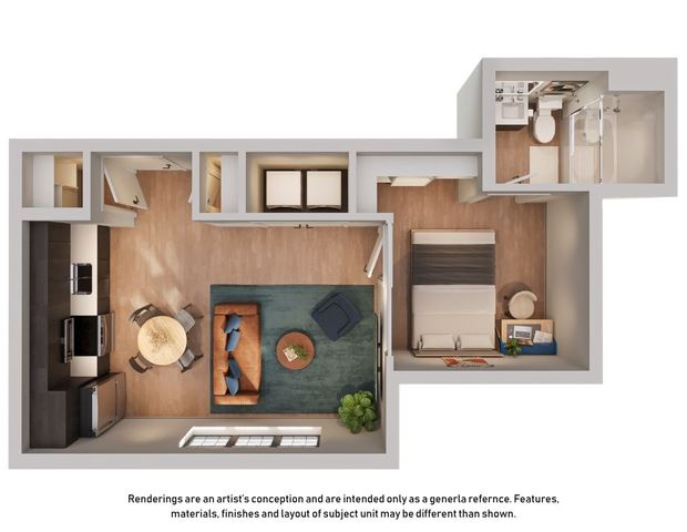 Modern floor plan showcasing 1 bedroom, cozy living room, stylish kitchen, and elegant bathroom.