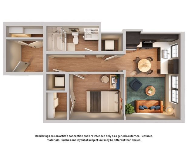 Modern open-concept floor plan displaying a cozy one-bedroom layout with a spacious living area, dining room, sleek kitchen, and well-appointed bathroom.