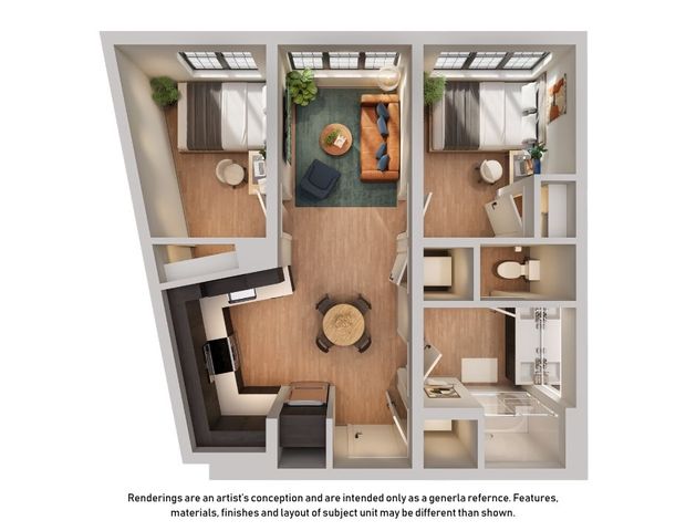 Elegant 3D apartment floor plan showcasing two cozy bedrooms, a modern open-concept living area, and a sleek kitchen perfect for urban living.