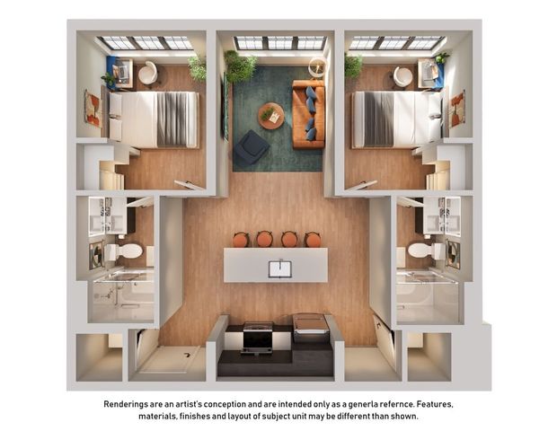 Modern 2D floor plan showcasing a chic two-bedroom apartment with an open-concept living area, sleek kitchen island, and two stylish bathrooms.