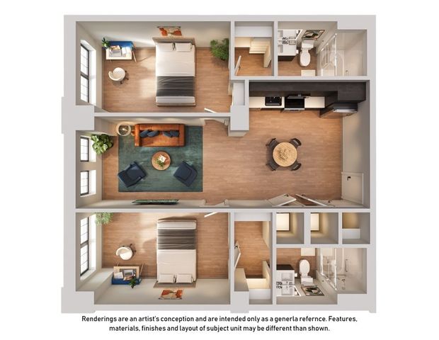 Contemporary 3D floor plan showcasing 2 bedrooms, elegant open living area, sleek kitchen, and modern bathrooms.