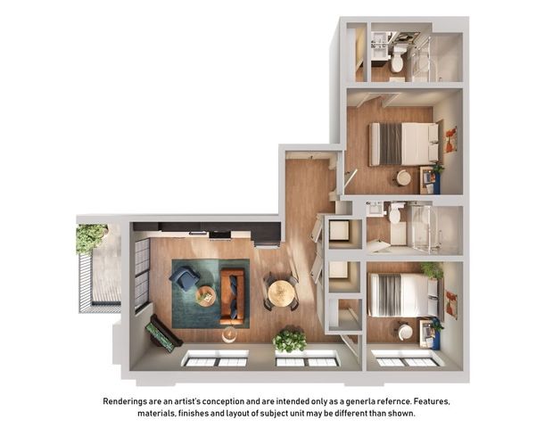 Charming 3D render of a modern 2-bedroom apartment featuring an open living area with a cozy balcony, perfect for relaxation.
