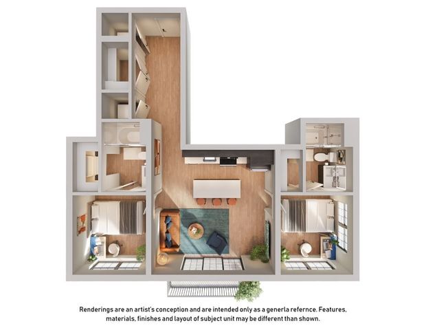 Elegant 3D floor plan showcasing 2 bedrooms, 2 bathrooms, open-concept kitchen, and inviting living area with balcony access.