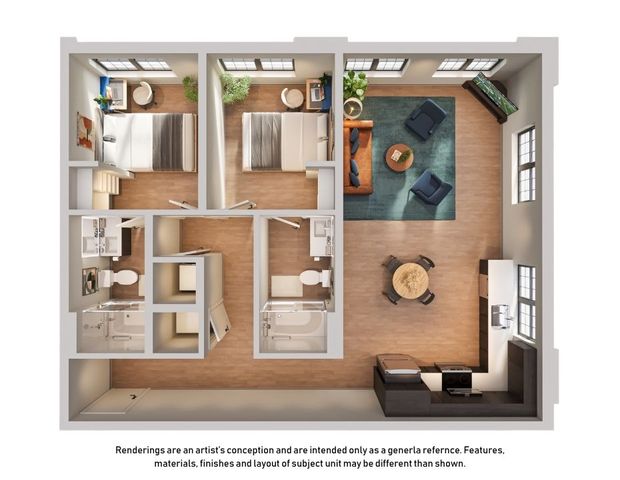 Modern 3D floor plan showcasing two spacious bedrooms, a cozy living room with a seating area, and a stylish kitchen with dining space.