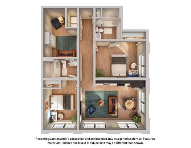 Modern 3D floor plan showcasing a cozy two-bedroom apartment with a spacious open living area and sleek kitchen layout.