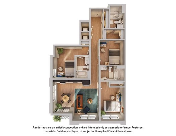 Elegant 3D floor plan showcasing three bedrooms, two modern bathrooms, a cozy open living area, and a welcoming kitchen design.