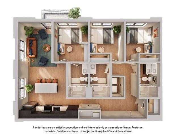 Elegant 3D floor plan featuring 3 bedrooms, a modern open-concept living area, gourmet kitchen with island, and private balcony access.