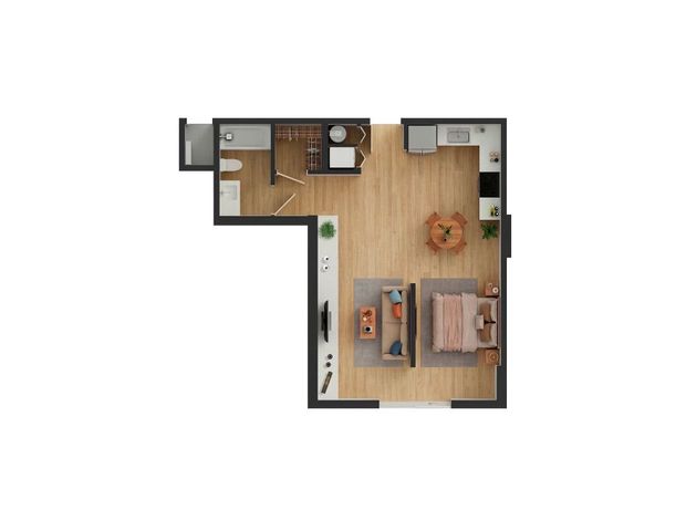 Chic 1-bedroom apartment floor plan featuring an open-concept living and dining area, modern kitchen, and a cozy bathroom.