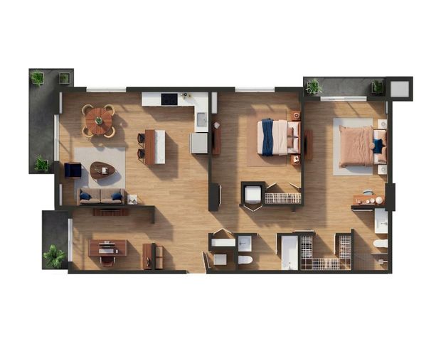 Modern 2D floor plan showcasing a cozy apartment with 2 bedrooms, a stylish open kitchen, and an inviting living area with a balcony view.