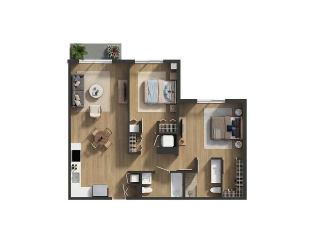 Modern 2D floor plan showcasing a cozy 1-bedroom apartment with open living and dining area, sleek kitchen, stylish bathroom, and balcony.