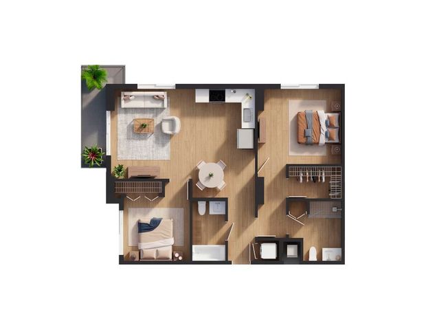 Modern apartment floor plan showcasing 2 cozy bedrooms, a sleek open-concept kitchen, and a stylish living area with access to a small balcony.