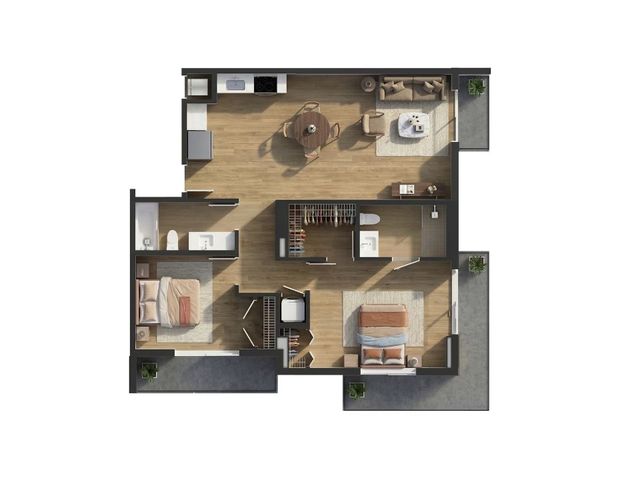 Modern floor plan showcasing 2 spacious bedrooms, open living and dining area, sleek kitchen, and two elegant bathrooms with ample storage.