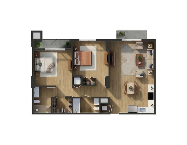 Elegant 3D floor plan showcasing 2 bedrooms, a stylish living room, modern kitchen, and cozy dining area, ideal for contemporary living.
