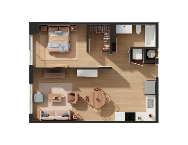 Modern floor plan showcasing a cozy one-bedroom apartment featuring an open-concept living and dining area, stylish kitchen, and a serene balcony space.