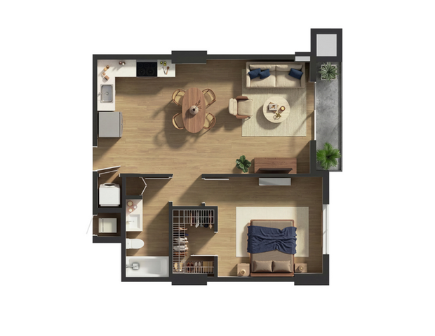 Chic and modern 1-bedroom apartment floor plan featuring an open-concept living area, sleek kitchen, and a cozy balcony.