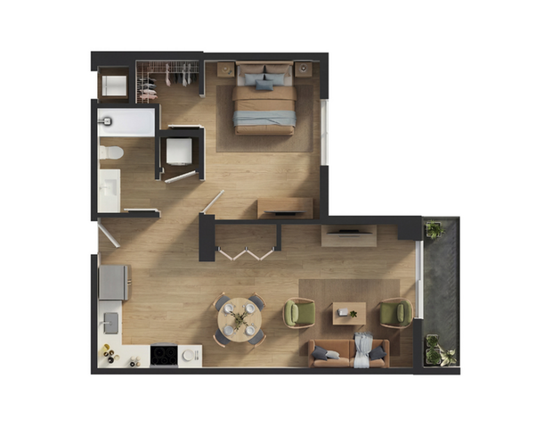 Modern 1-bedroom apartment floor plan with open-concept living and dining area, sleek kitchen, and stylish balcony space.