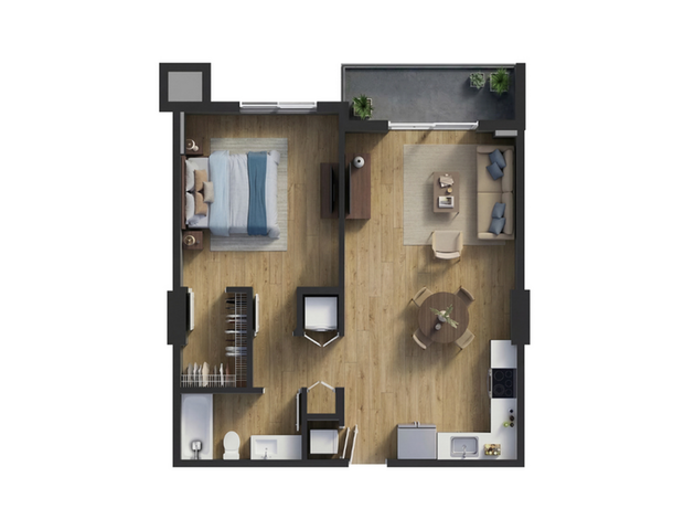 Modern open-concept floor plan featuring a cozy living room, sleek kitchen, elegant dining area, and spacious bedroom with ensuite bathroom.