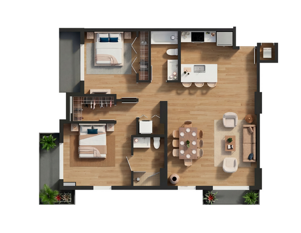 Modern 2D floor plan depicting a vibrant open-concept living area, two cozy bedrooms, a sleek kitchen, and a stylish dining space.
