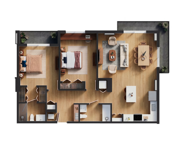 Elegant 2D floor plan showcasing a spacious open-concept living area, modern kitchen, 2 cozy bedrooms, and 2 bathrooms with a balcony.