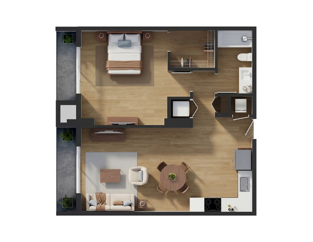 Modern 3D floor plan showcasing a cozy one-bedroom apartment with an inviting open-concept living area and sleek kitchen design.