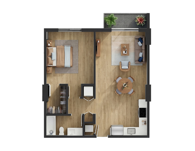 Modern 1-bedroom apartment layout featuring an open-concept living area, stylish kitchen, and cozy bedroom with a spacious closet.