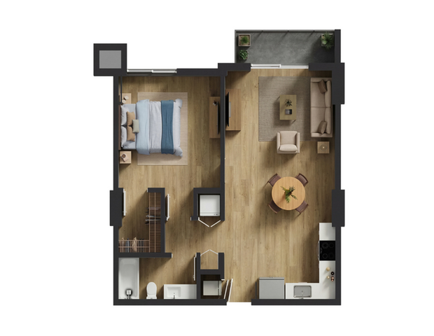Modern floor plan showcasing a spacious 1-bedroom apartment with an open living area, stylish kitchen, and cozy dining space.