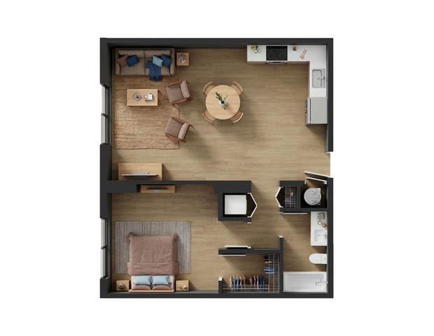 Modern 2D floor plan with one bedroom, open living and dining area, sleek kitchen, and cozy bathroom.