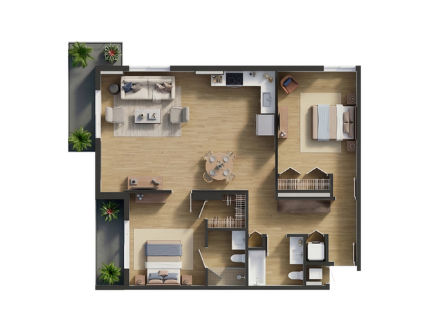 Chic 3D floor plan featuring a spacious open-concept living area, two cozy bedrooms, and a modern kitchen with elegant furnishings.