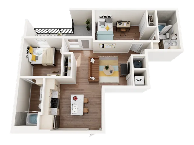 Modern 3D floor plan showcasing a vibrant two-bedroom apartment with an open-concept kitchen, cozy living area, and private balcony.