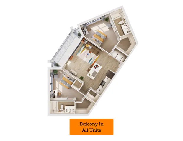 Chic floor plan showcasing 1 full unit with 3 bedrooms, spacious open living area, modern kitchen, and two bathrooms, perfect for stylish living.